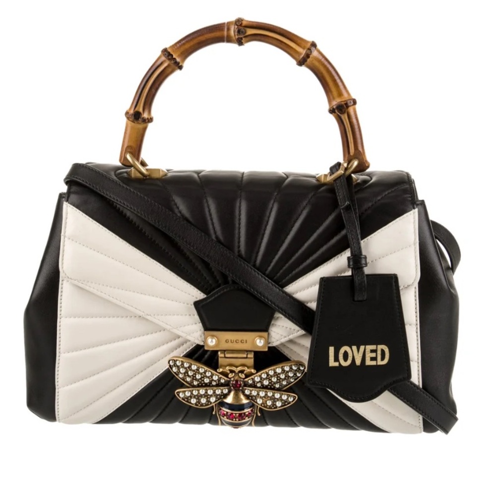 Gucci Queen Margaret Medium Bamboo Top Hand Bag Black & White Leather Authentic